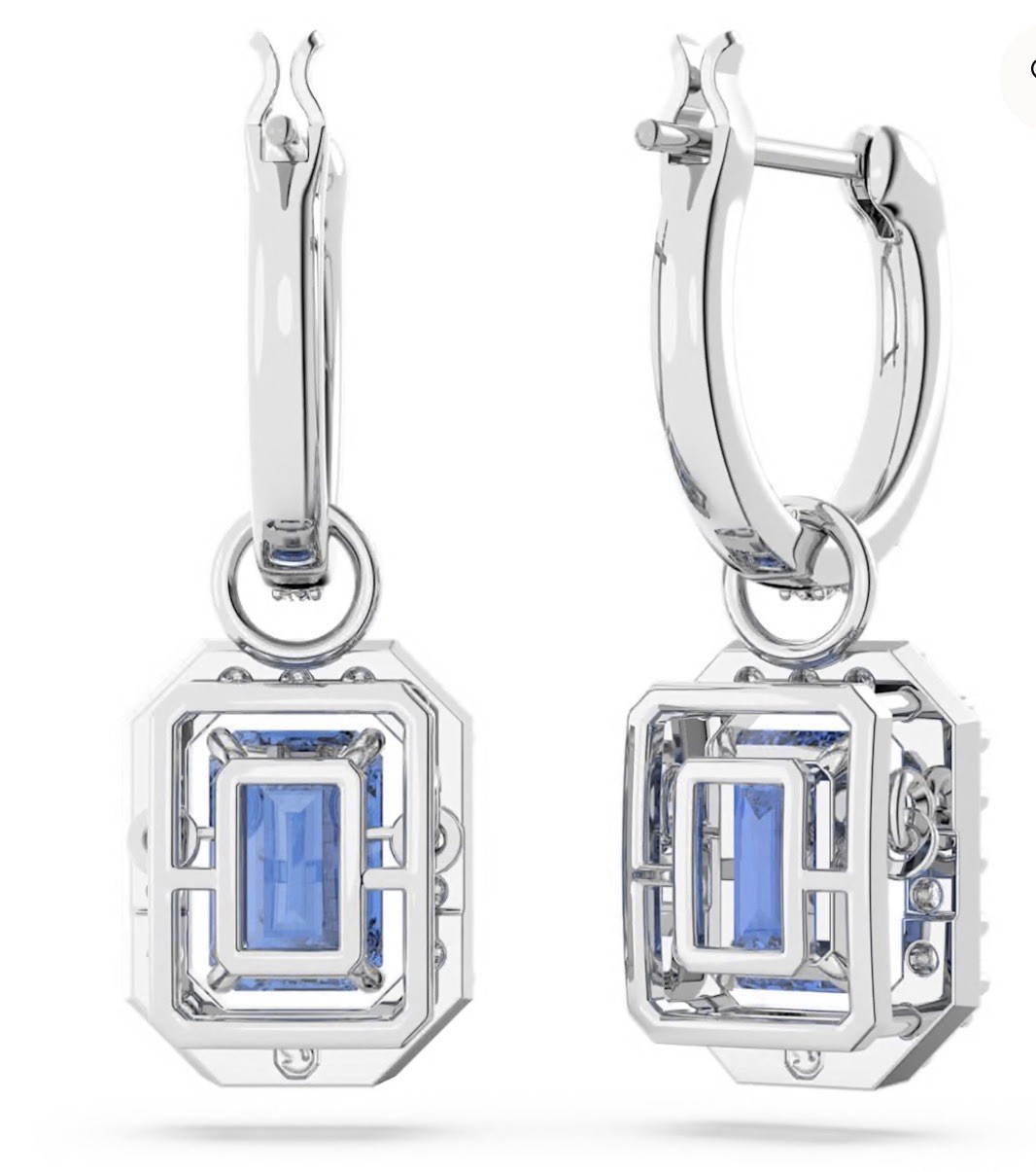 Swarovski Una Drop Earrings Octagon Cut Blue, Rhodium Plated 5619500
