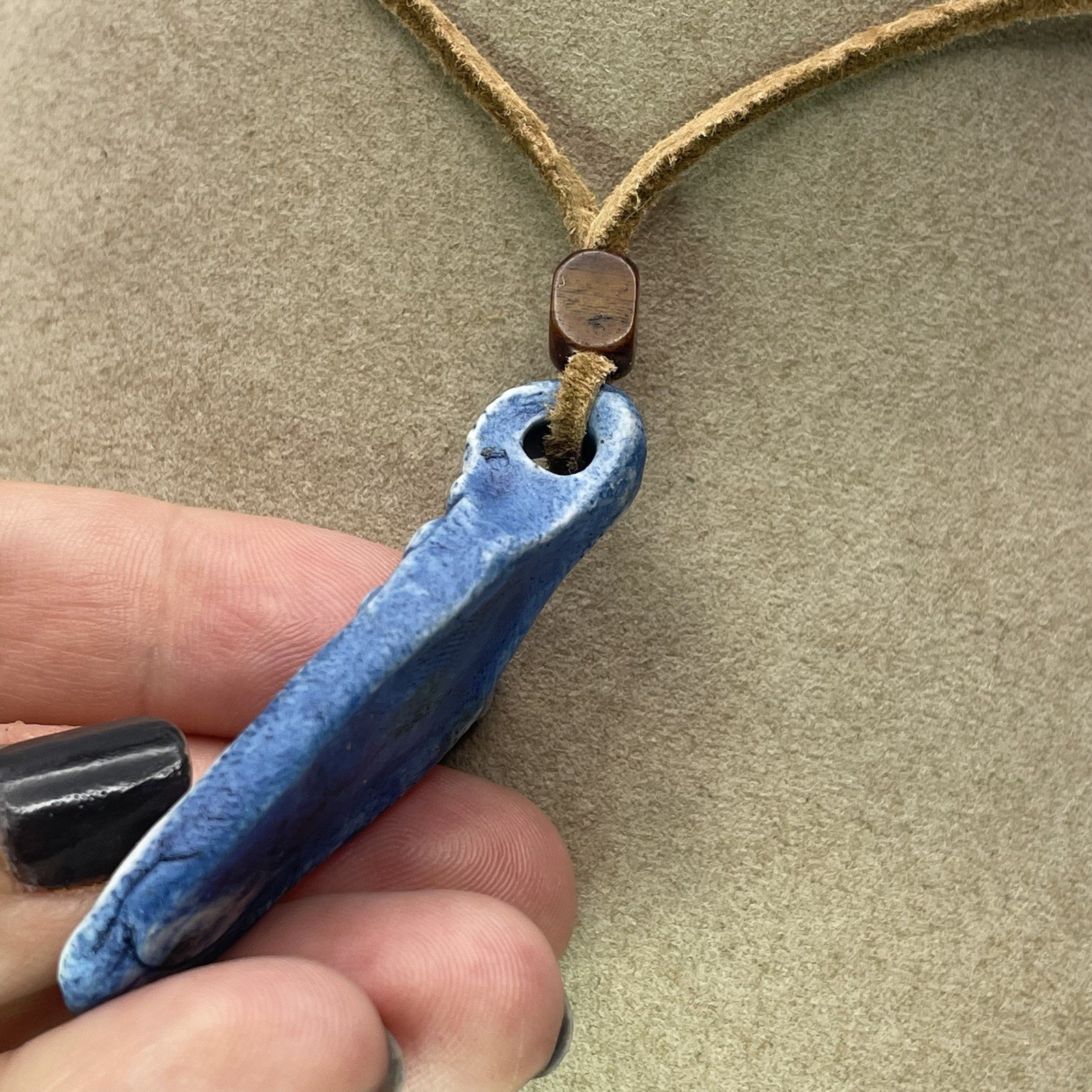 1970s Vintage Cermic Charm necklace Stone Bead Leather Cord Approx 24” Handmade