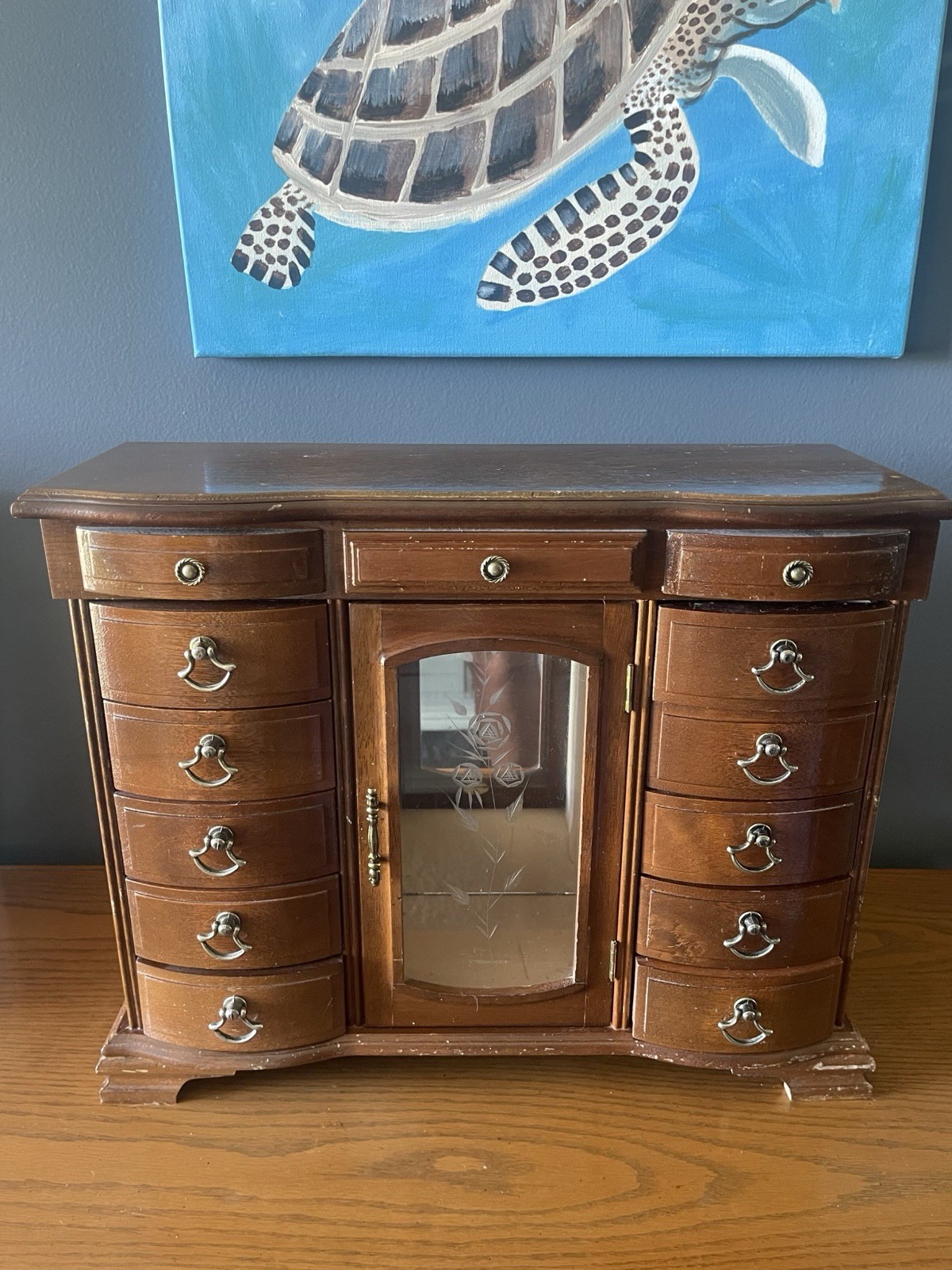 Vintage Wood Jewelry Armoire Box 13 Drawer Mirror Etched Glass Floral Large 17”