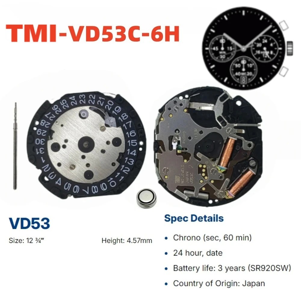 TMI Seiko VD53C Chronograph Movement Choice of Date Position 3, 4.5 or 6 O’Clock