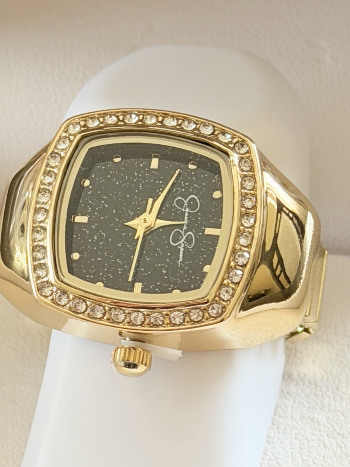 Jessica Simpson Gold Tone Stretch Fit Glitter Ring Watch Square Frame One Size