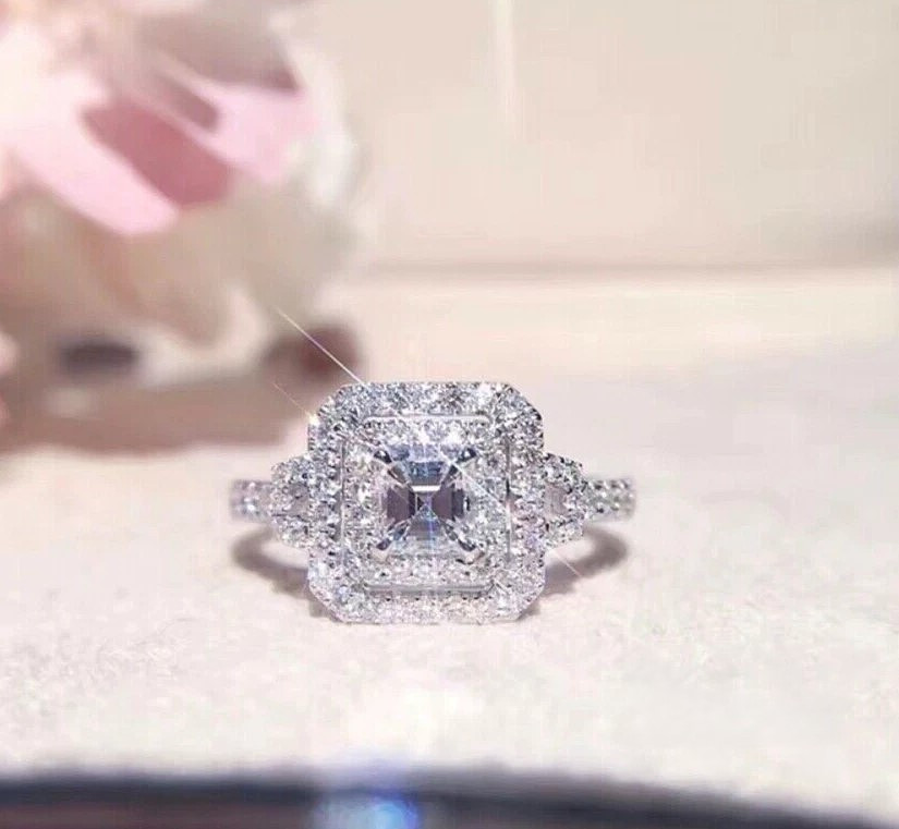 2.80 CT Asscher Cut Moissanite Double Halo Engagement Ring Solid 14K White Gold