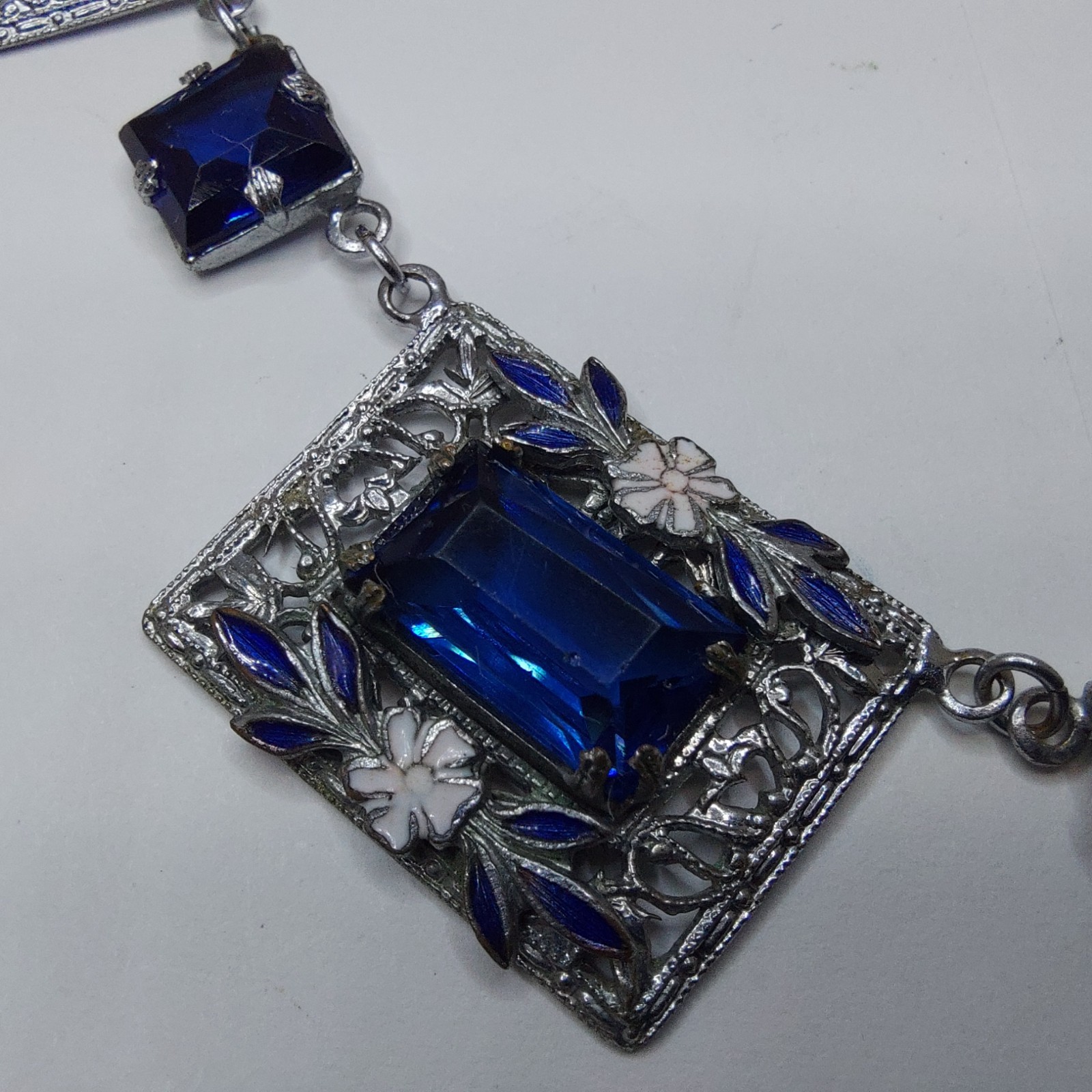 1920s Art Deco Czech Deep Blue Glass Enamel Flower Floral Filigree Necklace