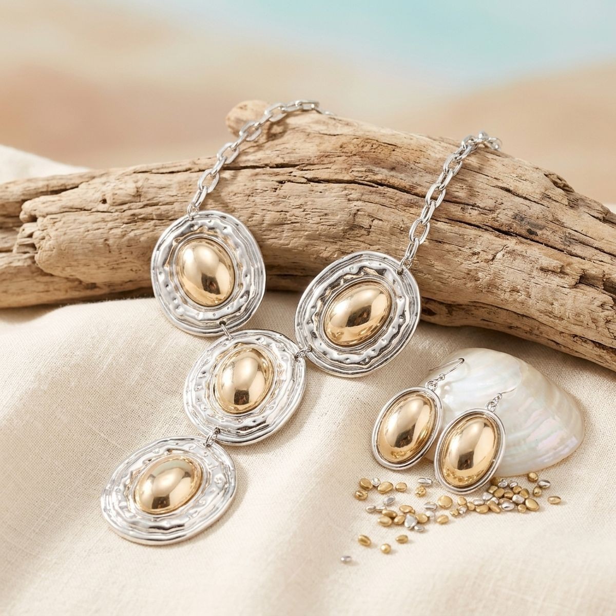 Silver Organic Oval Drop Pendant Necklace with Gold Dome Centers & Earring Set