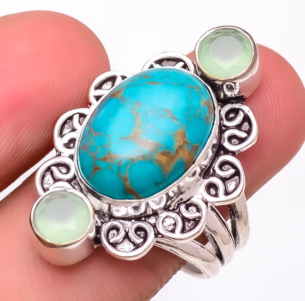 Copper Blue Turquoise & Chalcedony 925 Silver Plated Ring s.9 F533