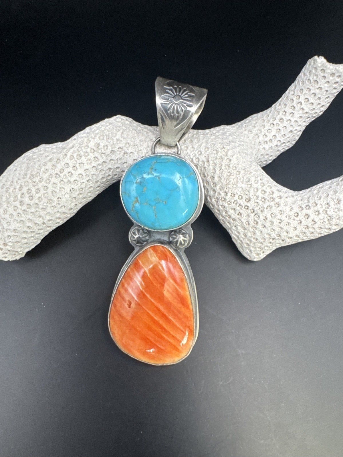 Native American Kingman Turquoise & Orange Spiny Oyster Pendant
