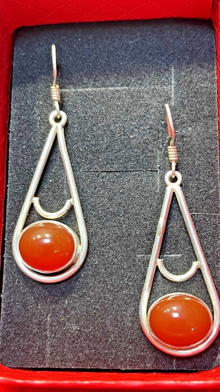 Vtg Sterling Silver 925 Teardrop Outline & Lge Cabochon Carnelian Stone Earrings