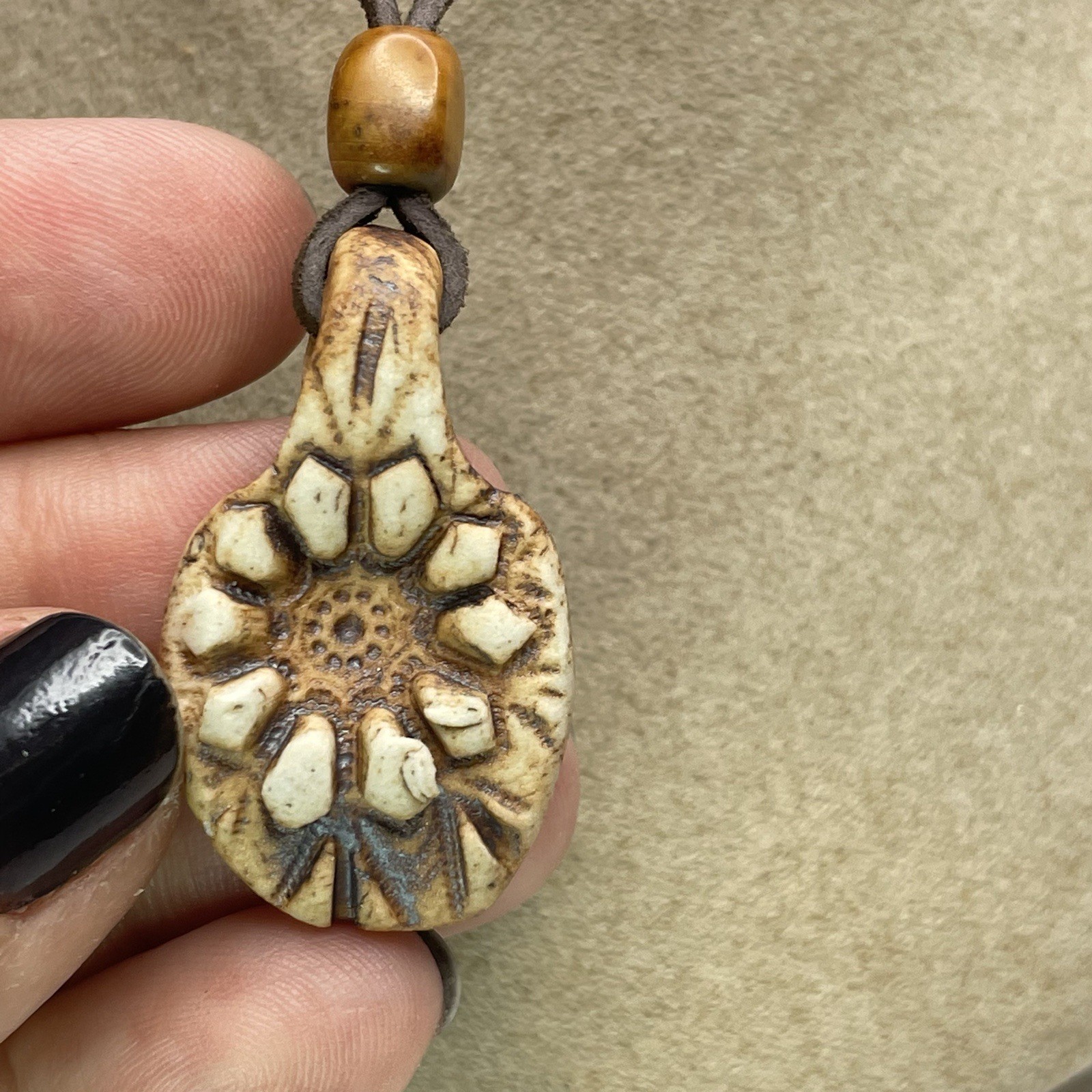 1970s Vintage Cermic Charm necklace Stone Bead Leather Cord Approx 24” Handmade