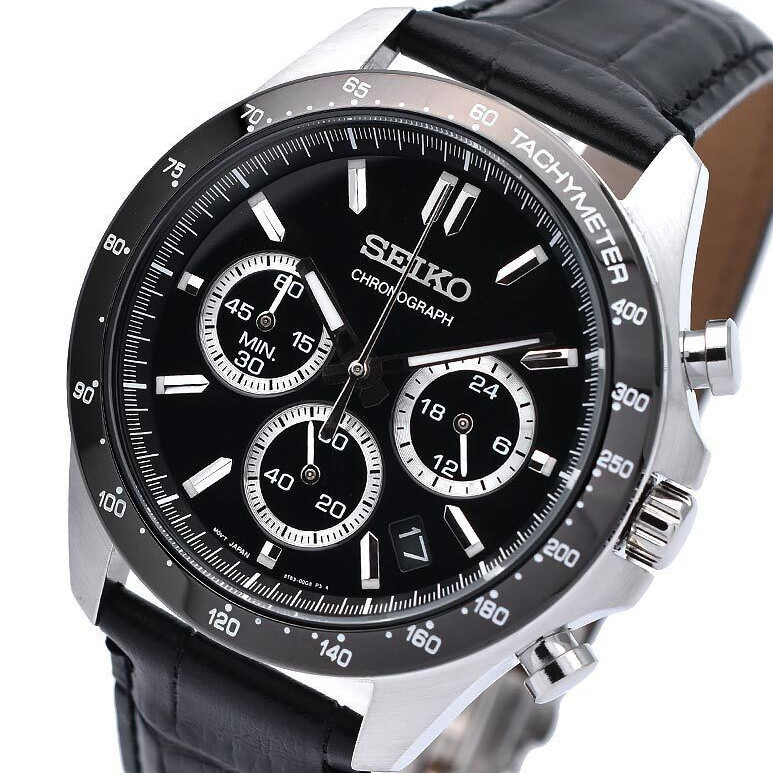Seiko Spirit Black Dial Leather Band Chronograph Men’s Watch SBTR021