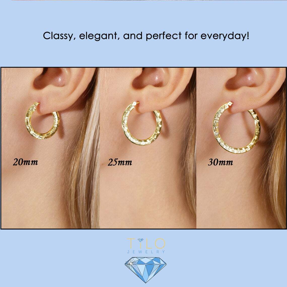 14K Real Solid Gold Checkered Diamond-Cut Flat Tube Chunky Creole Hoop Earrings