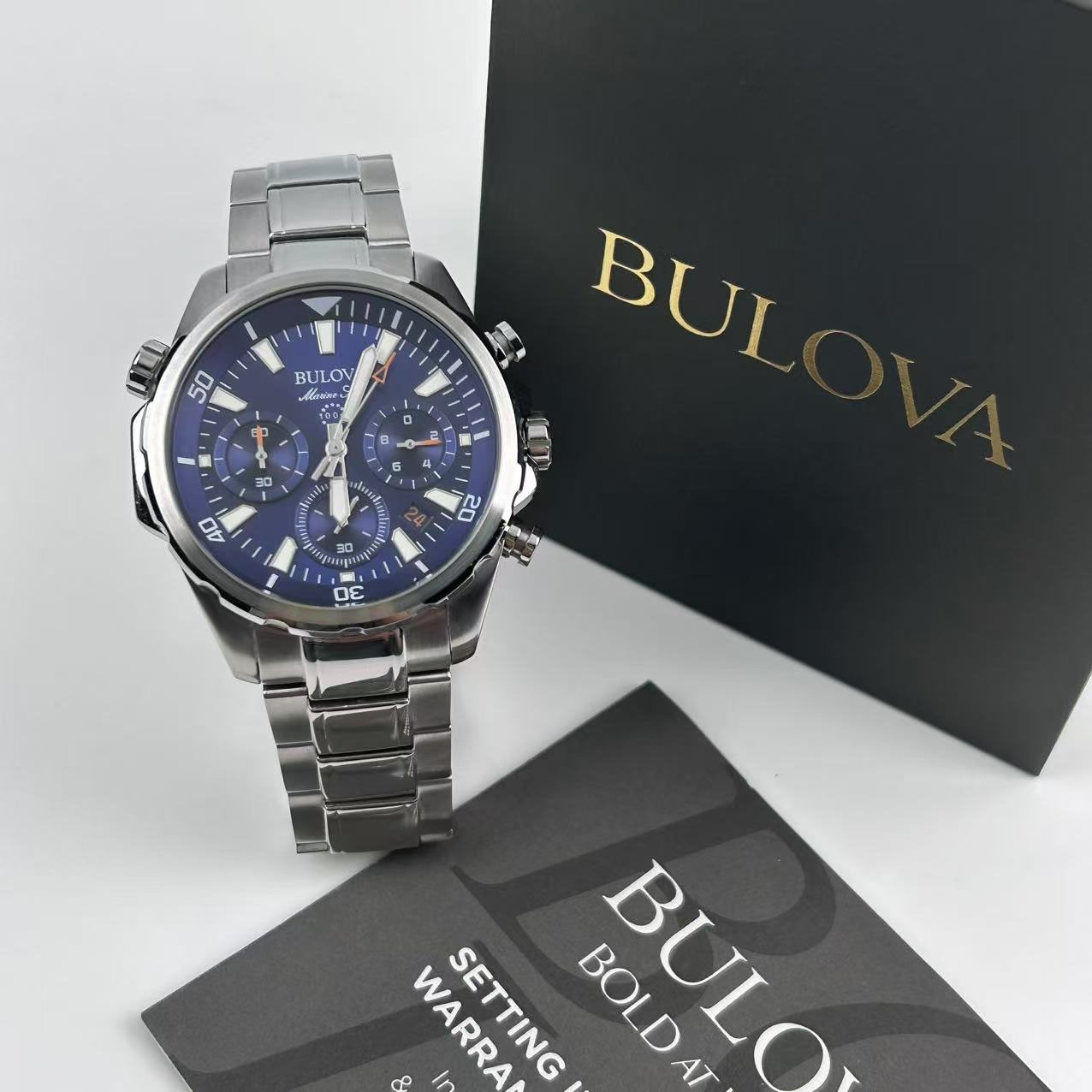 New Bulova Marine Star 96B256 Blue Dial Men’s Chronograph Quartz Watch 43mm