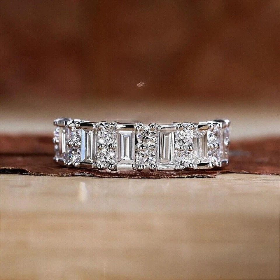 1.50Ct Round & Baguette Cut Lab Grown Diamond Half Eternity Band 14K White Gold
