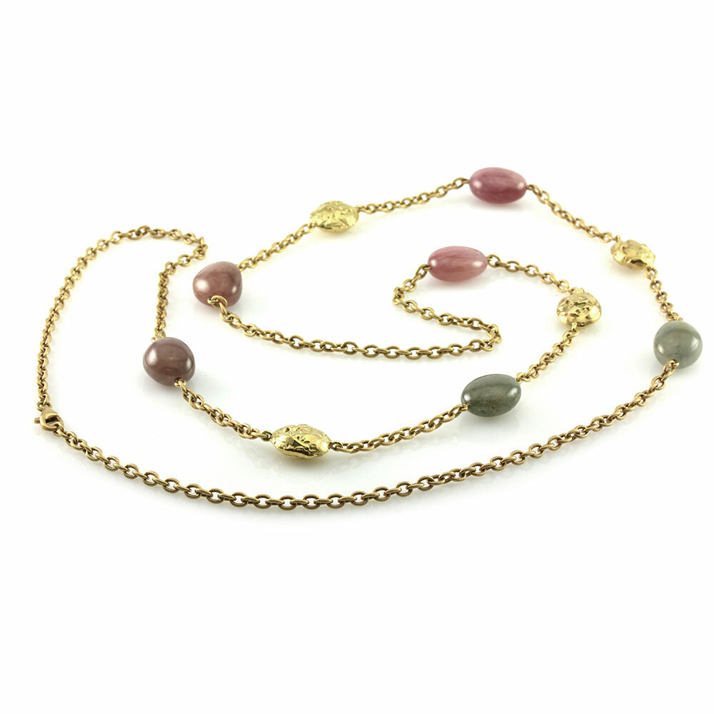 Signed Designer Yvel Sapphire & Textured Gold Bead Necklace in 18KY Gold