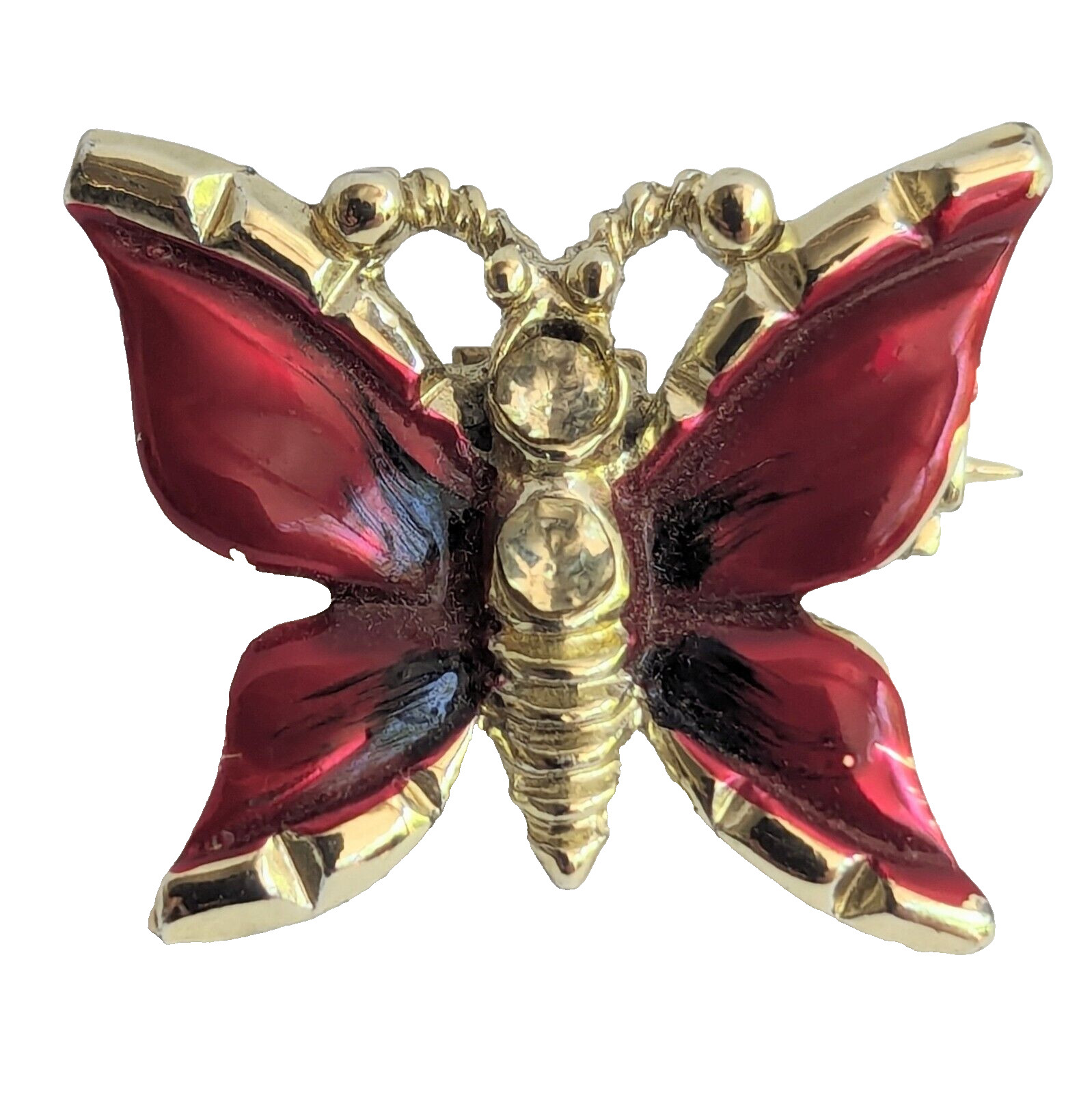 Mini Red Enamel Butterfly Rhinestones Vintage Brooch Black Gold Tone Lapel Pin