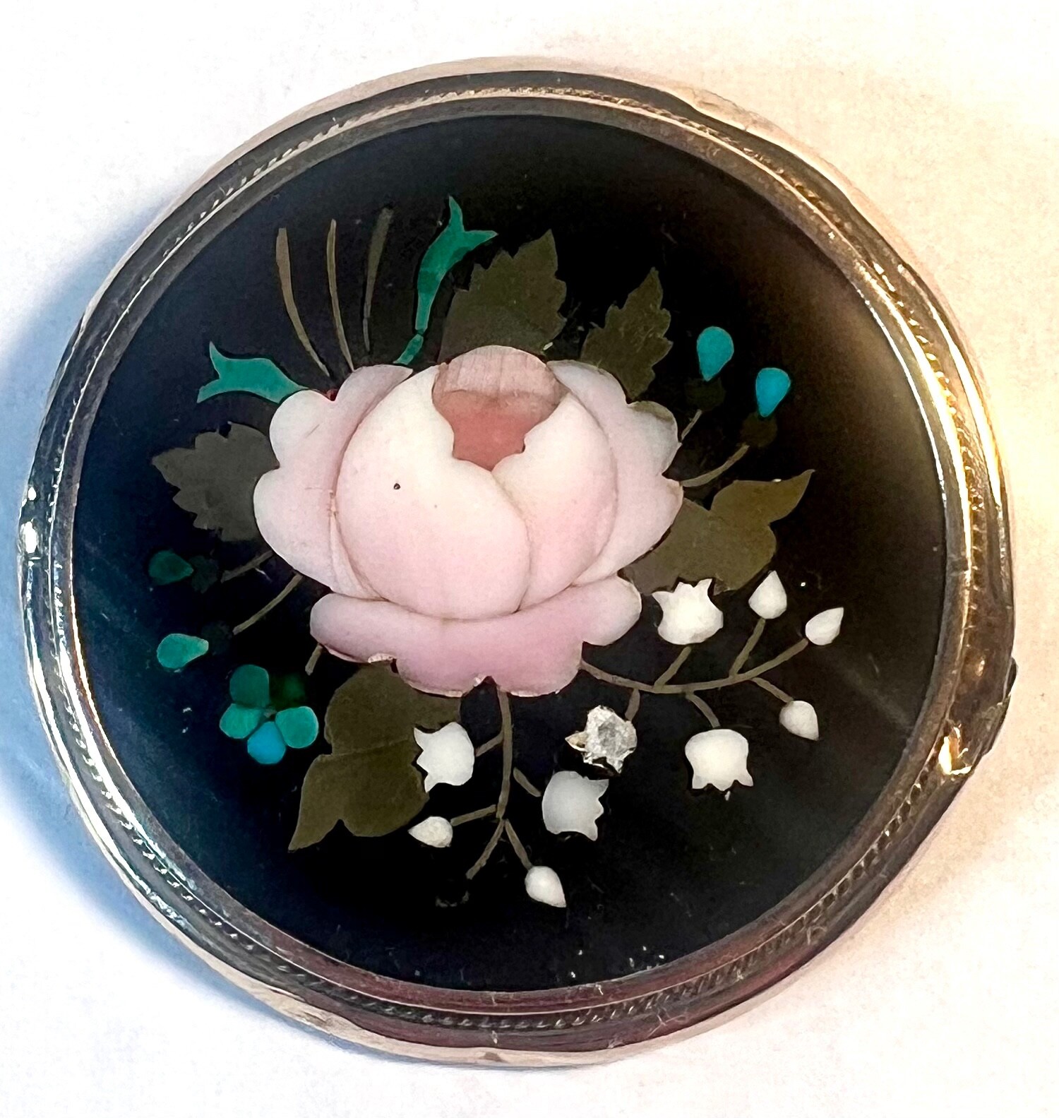 Large Antique 1 1/2″ Pietra Dura Micro Mosaic Brooch Pin Pendant Rose Gold 10g