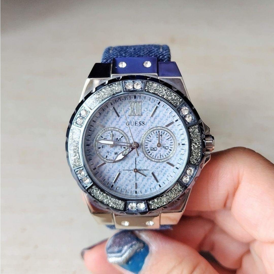 GUESS wristwatch denim sparkling with stones Blue