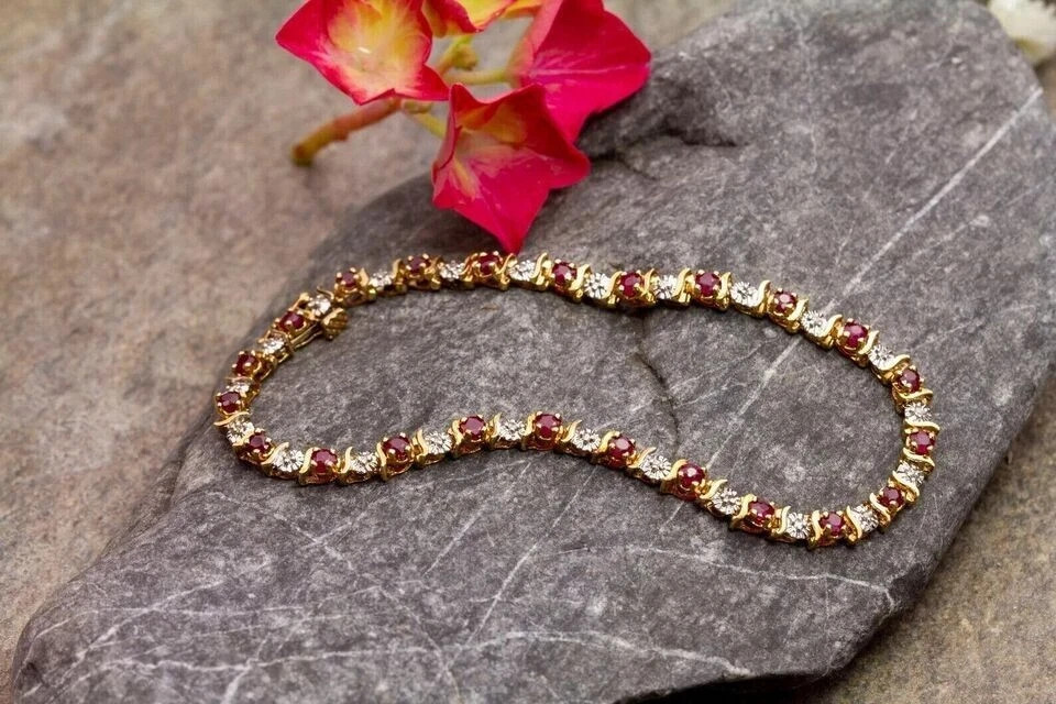 4.00 Ct Round Cut Natural Red Ruby Tennis Bracelet 14K Solid Yellow Gold