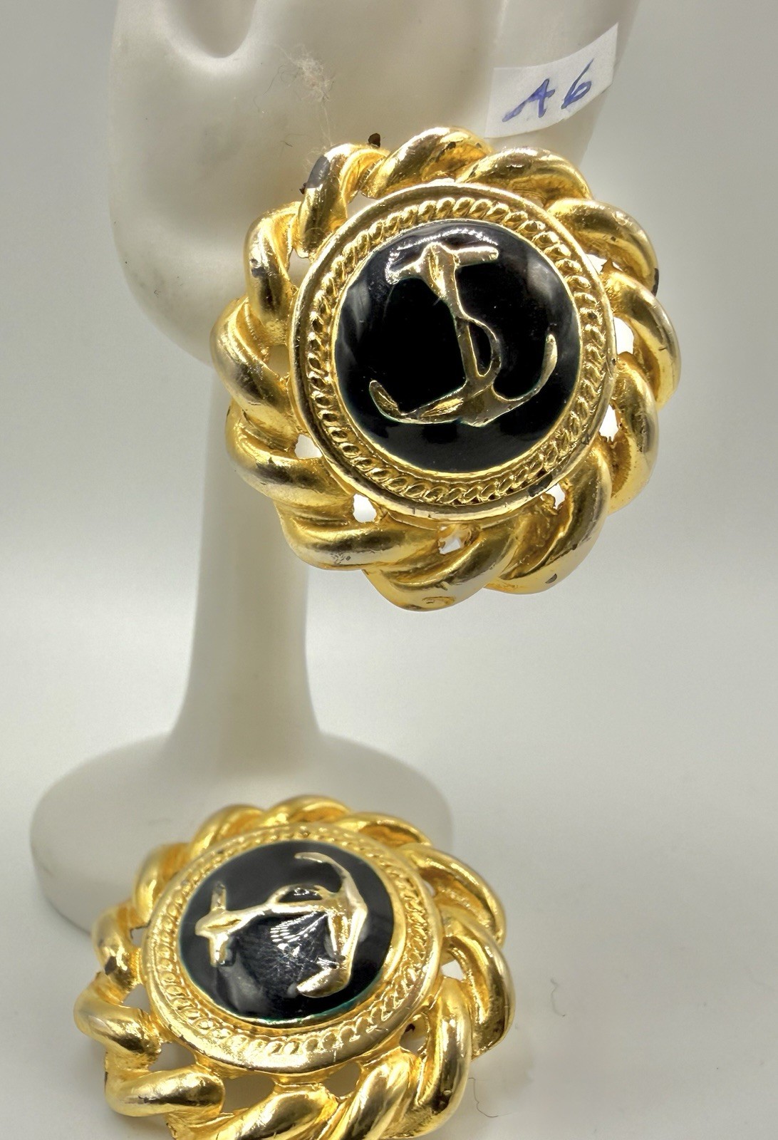 Vintage Gold Tone Navy Anchor Black Enamel Clip On Earrings Nautical Retro