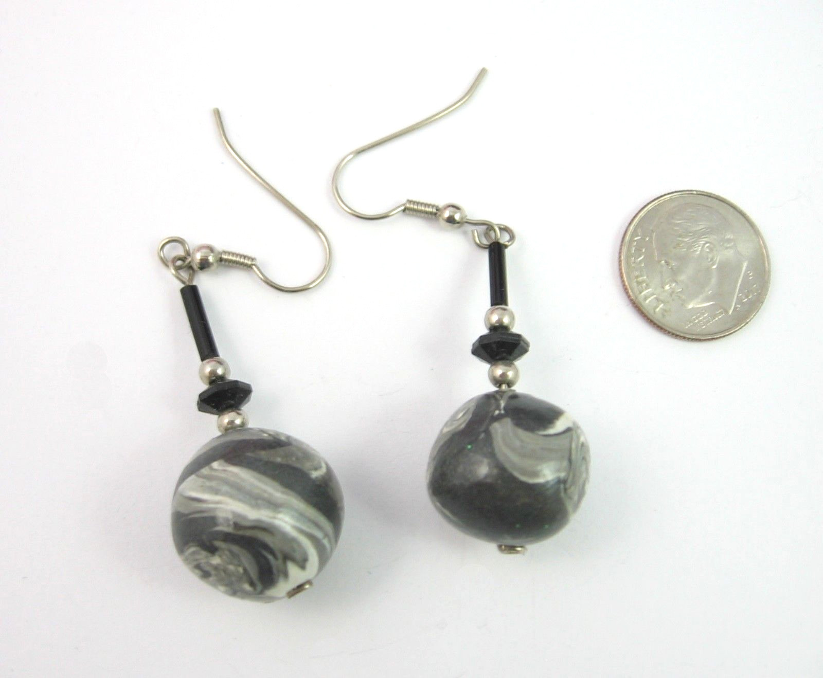 EARRINGS Vintage Pierced GRAY White BLACK MARBLED Beads Handmade Dangle Wires