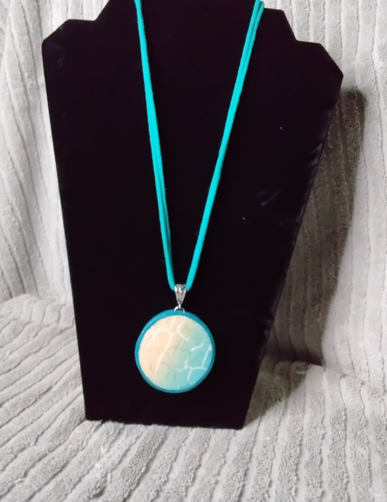 Turquoise Blue And Peach Pendant With Polished Silver Bezal On Matching Silk…