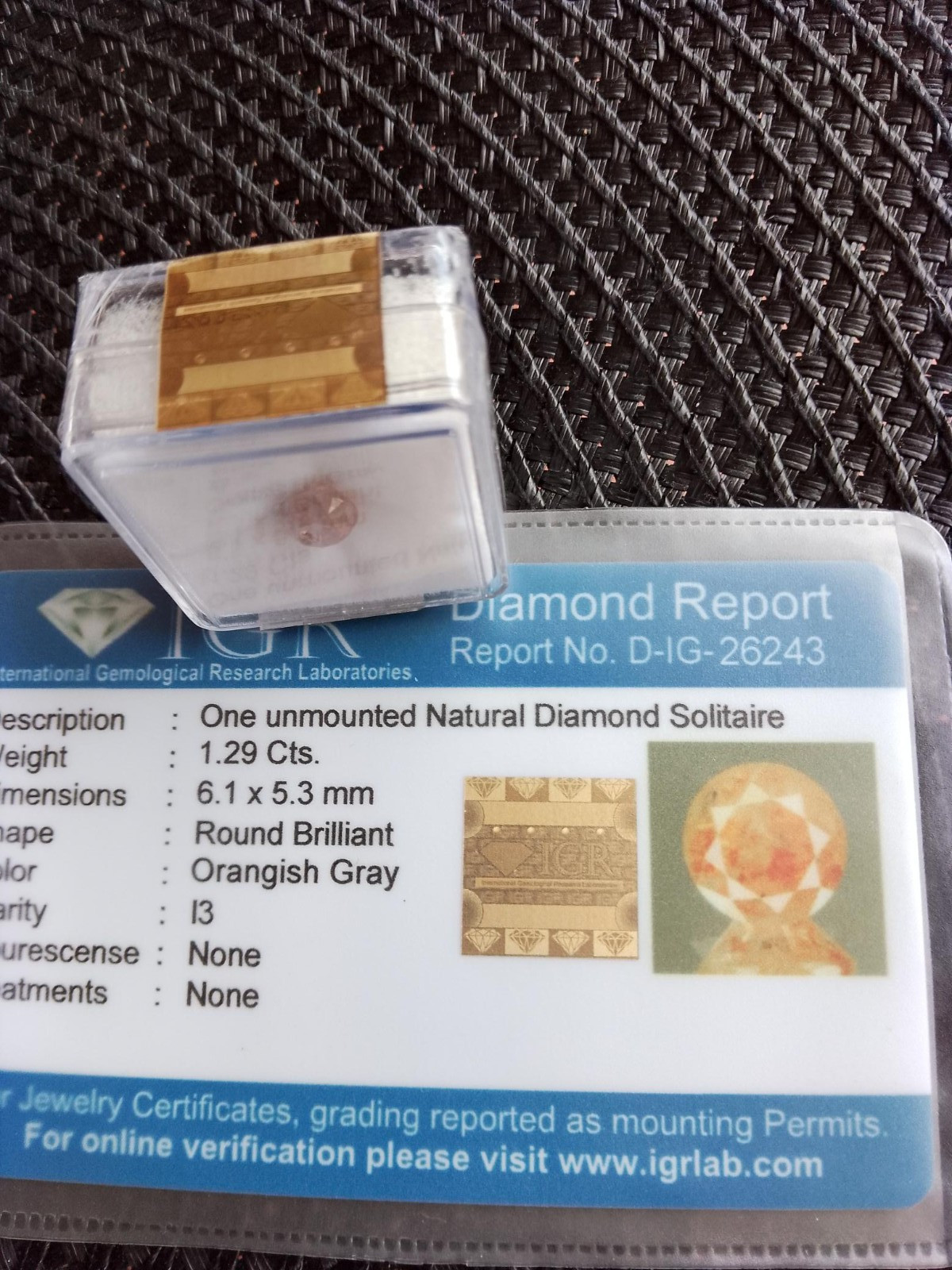 1.29ct NATURAL LOOSE Round Brilliant Cut DIAMOND, Orangish Grey, IGR Report
