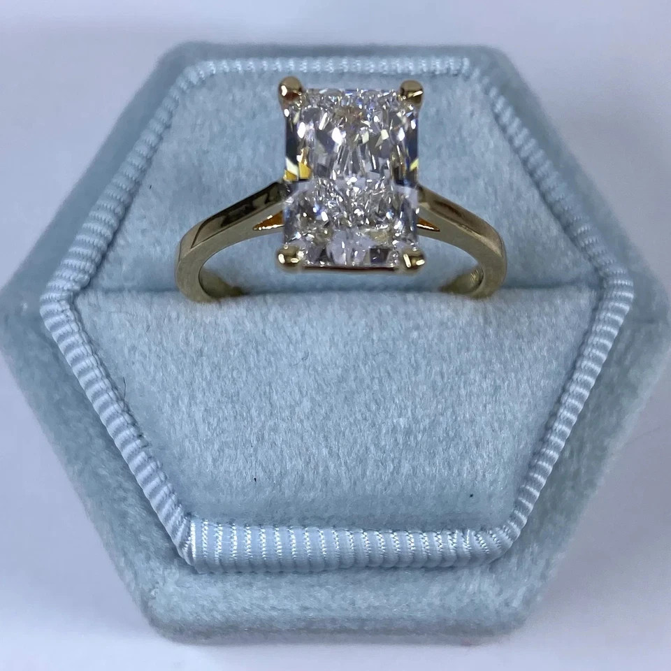 14k Yellow Gold Diamond Ring Lab Grown 3 Ct Radiant Cut IGI Certified VVS E F