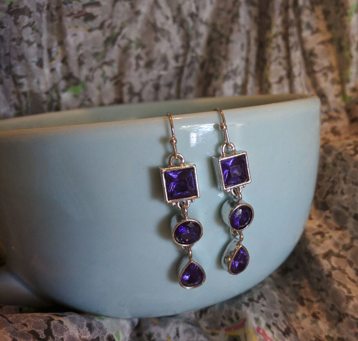 Faux Amethyst Purple Water Drop Pear/Round/Square Plated Dangle Hook Earrings