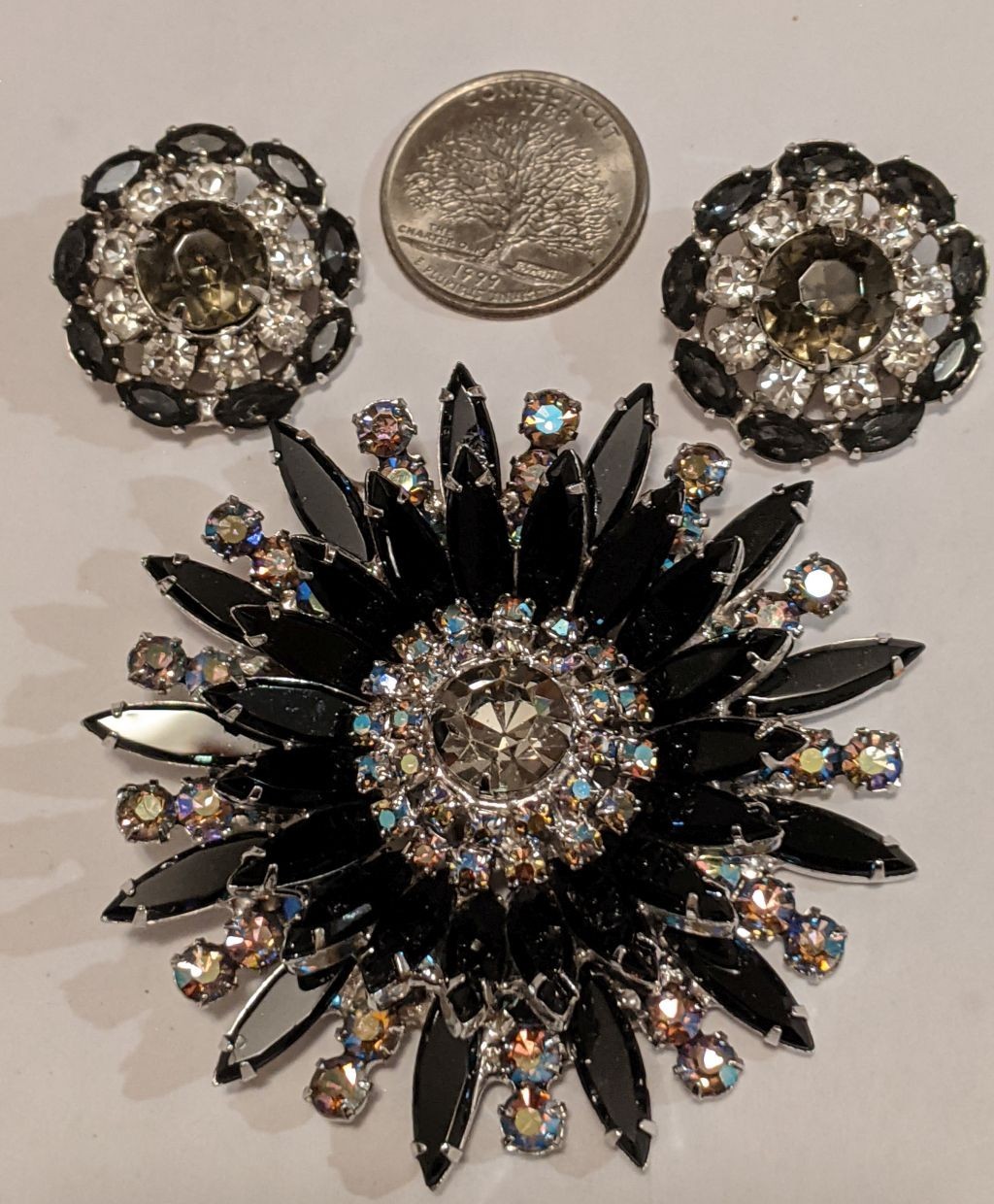 Vintage Juliana (D&E) Black Navette Rhinestone Brooch with Signed Reinad Clip-On