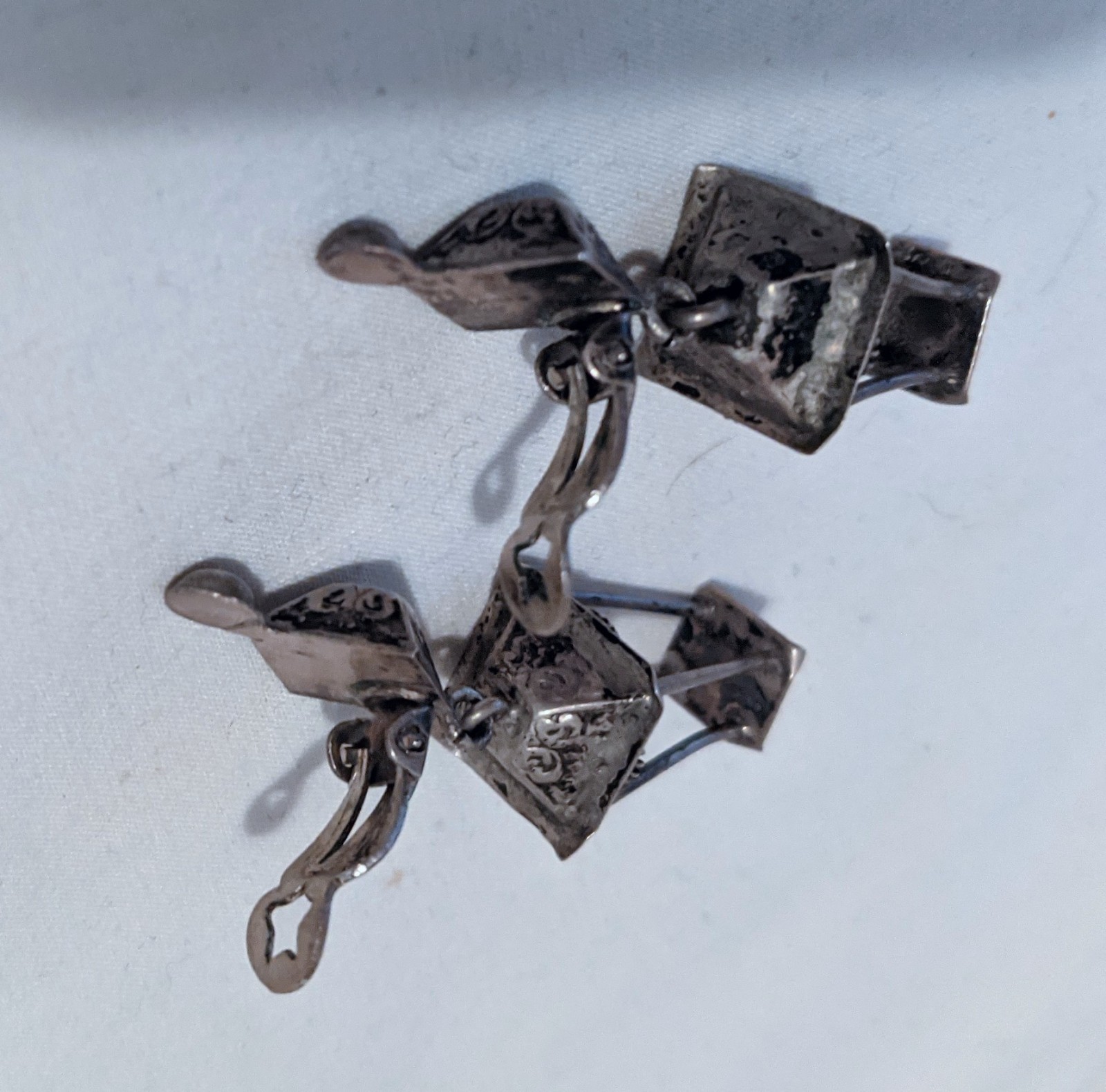 Vintage Artisan 3 D Lantern Dangle Earrings Clip-on Acid Tested For Silver