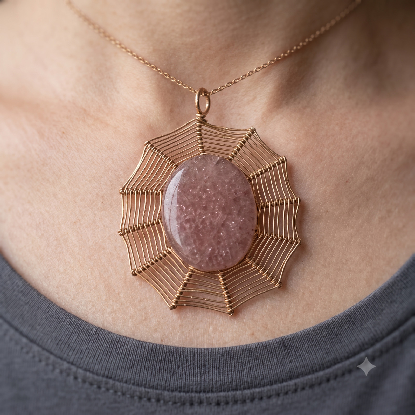 Natural Strawberry Quartz Sterling Silver Boho Unique Channel Set Ethnic Pendant