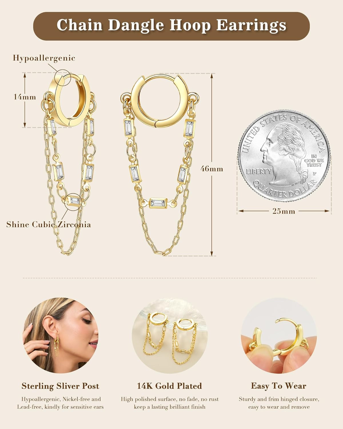 Tassel Chain Small Gold Hoop Dangle Earring for Women Huggie Earring Heart Star
