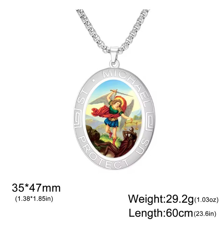 Stainless Steel St. Michael Pendant with 60cm (23.6in) rounded box chain