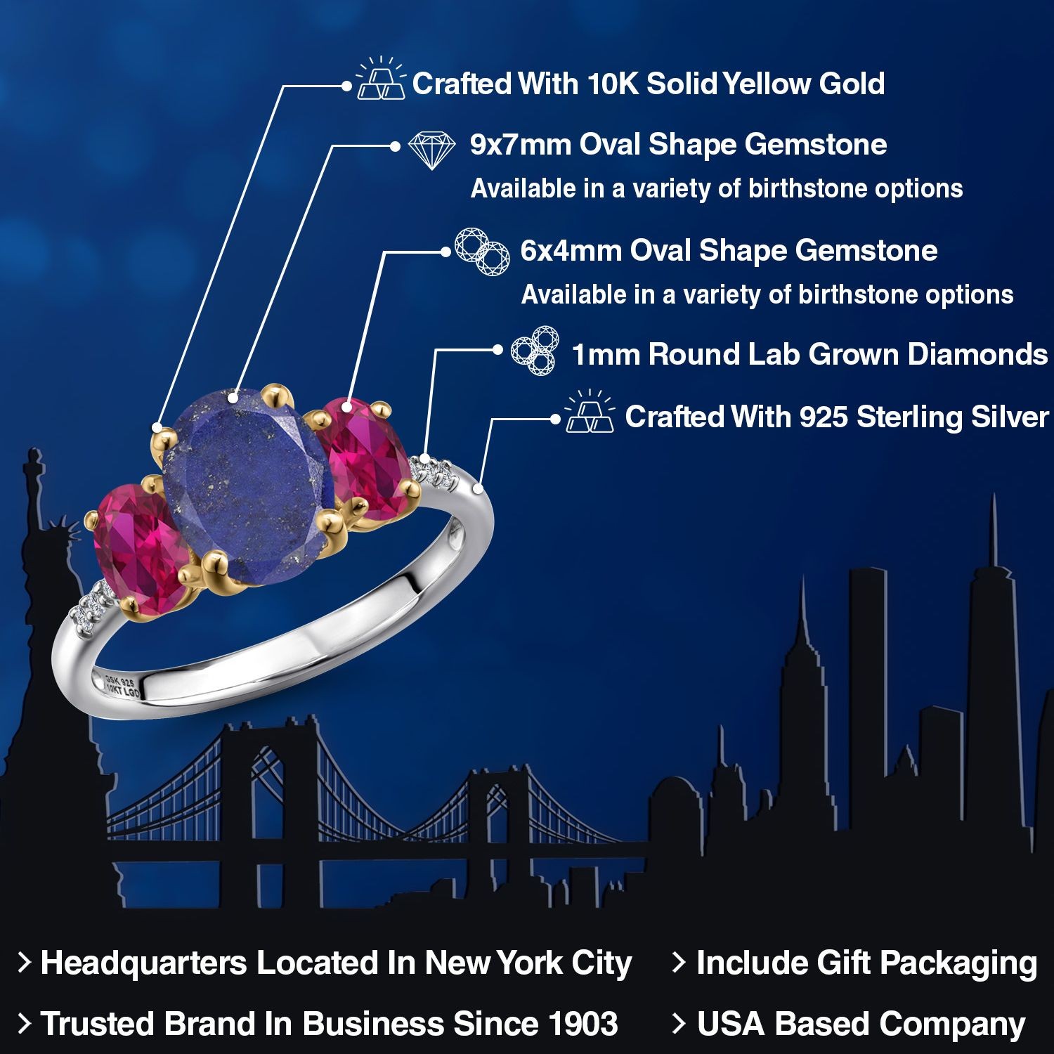 925 Silver and 10K Yellow Gold Blue Lapis and Created Ruby and Lab Grown