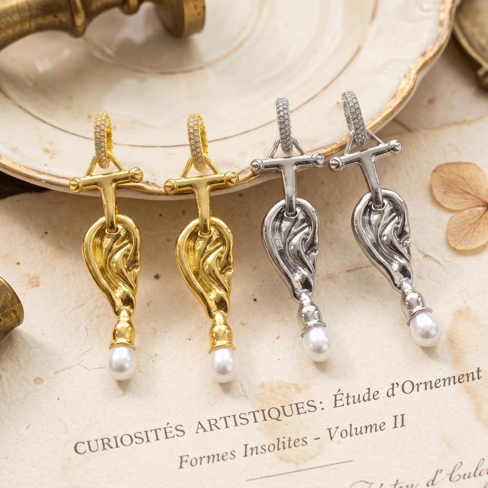 Surreal Ear Charm Earrings, Schiaparelli Pearl Drop Dangle,Avant Garde Anatomy
