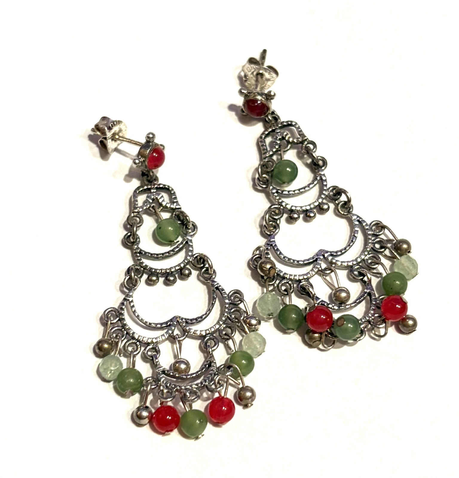 Signed Sterling 925 Thailand Boho Chandelier Green Red Jade Dangle Earrings