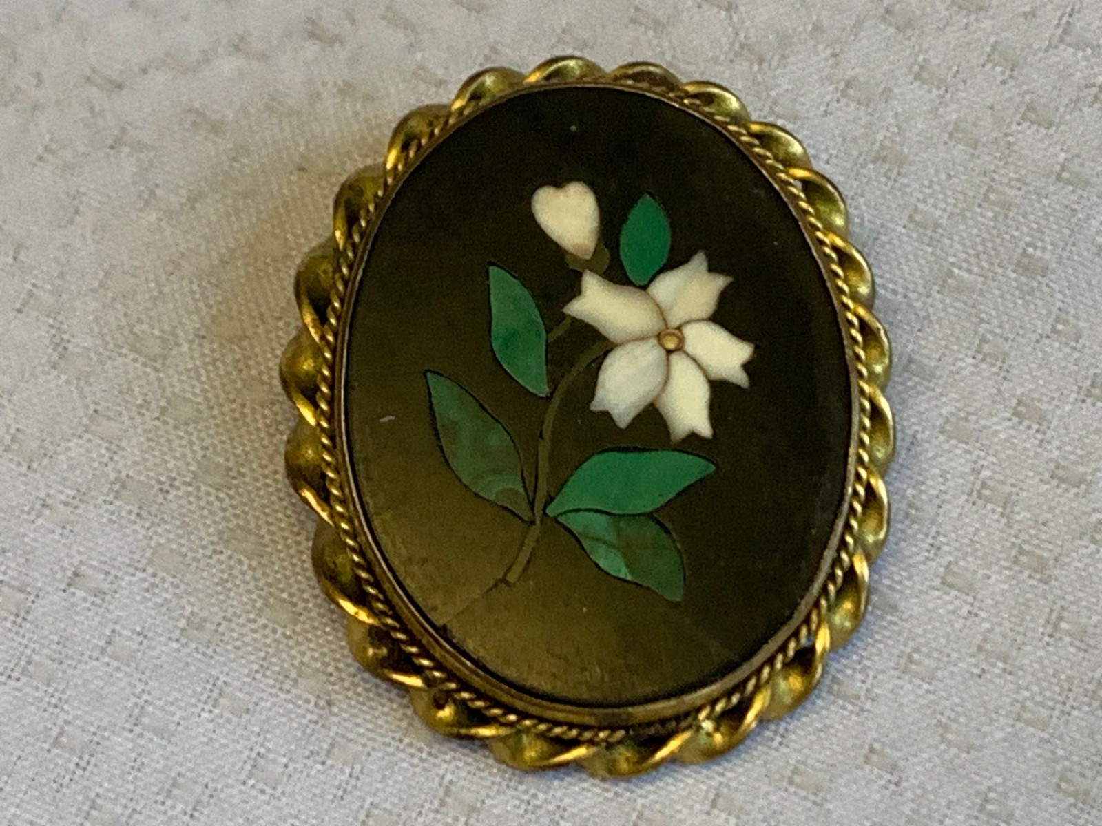 Antique Pietra Dura Brooch Costume Jewelry White Flower Floral Stone Inlay Pin