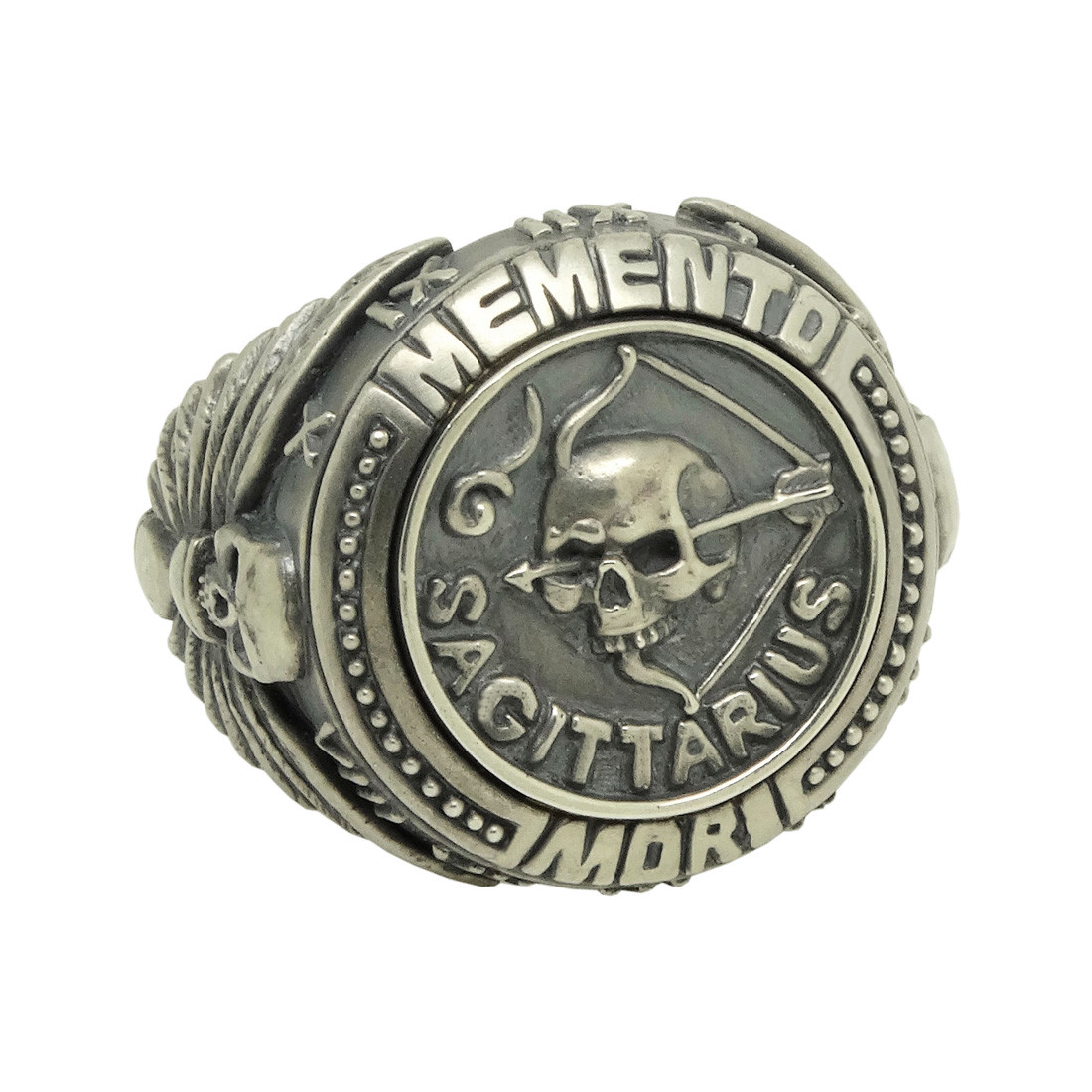 Sagittarius Skull Zodiac Biker Men’s Masonic Sterling Silver Ring Memento Mori