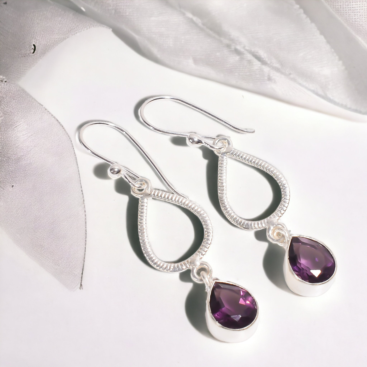 Amethyst Gemstone Dangle Earrings 925 Silver Boho Jewelry 2.2″ For Wedding Gifts