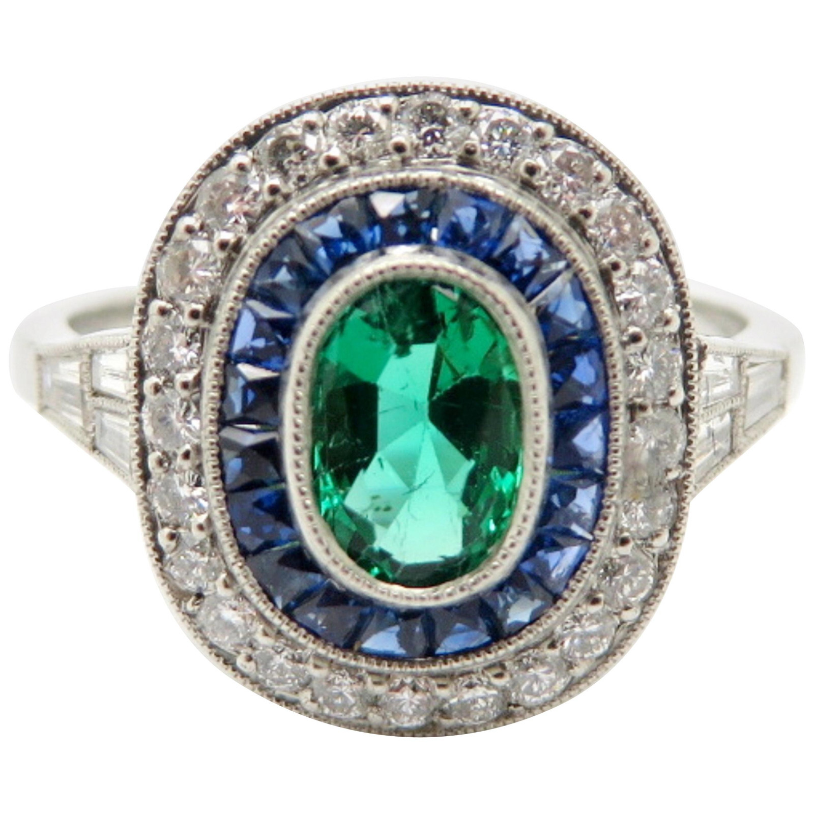 1.64Ct Green Blue & White CZ Bezel Set Vintage Style Ring In 925 Sterling Silver