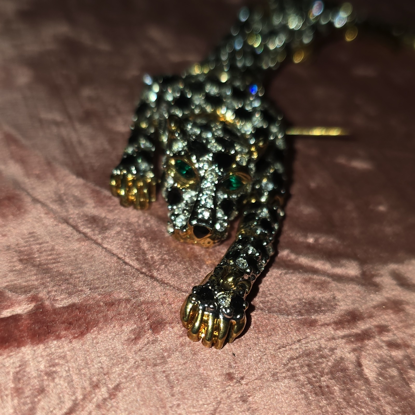 Gold Tone Leopard Pavé Clear Rhinestone Stick Pin Brooch with Green Eyes