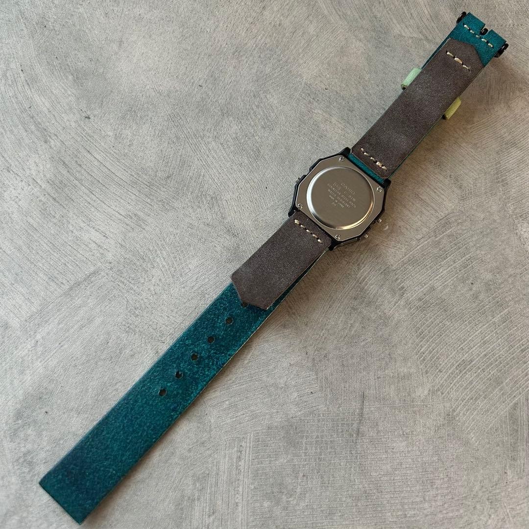 CASIO F 91W leather belt custom Marugo wax turquoise