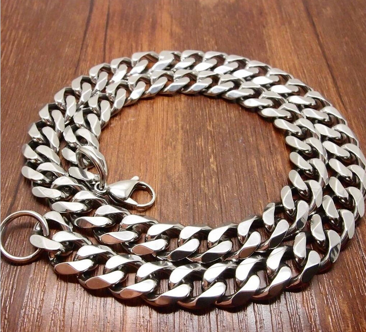 24″15mm Top 316L Stainless Steel Heavy Link Silver Curb Cuban Chain Men Necklace