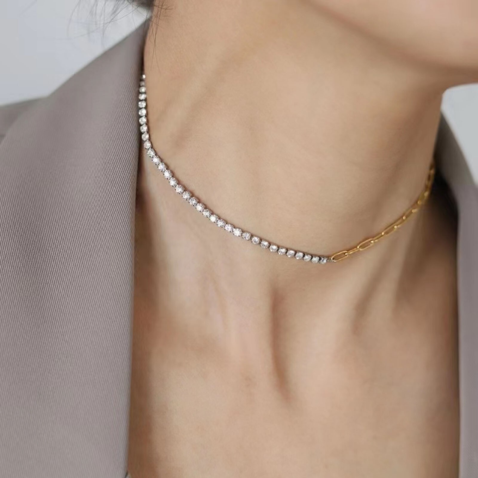 14K Gold Plated 5A Cubic Zirconia Paperclip Chain Tennis Jewelry Sets for Women