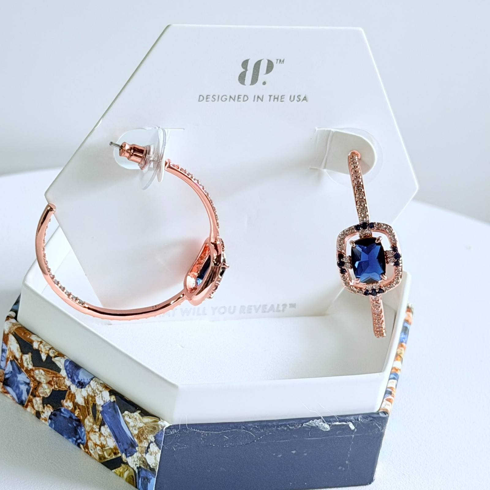 Bomb Party September Earrings “More Than Myth” Lab Created Sapphire on Rose Gold