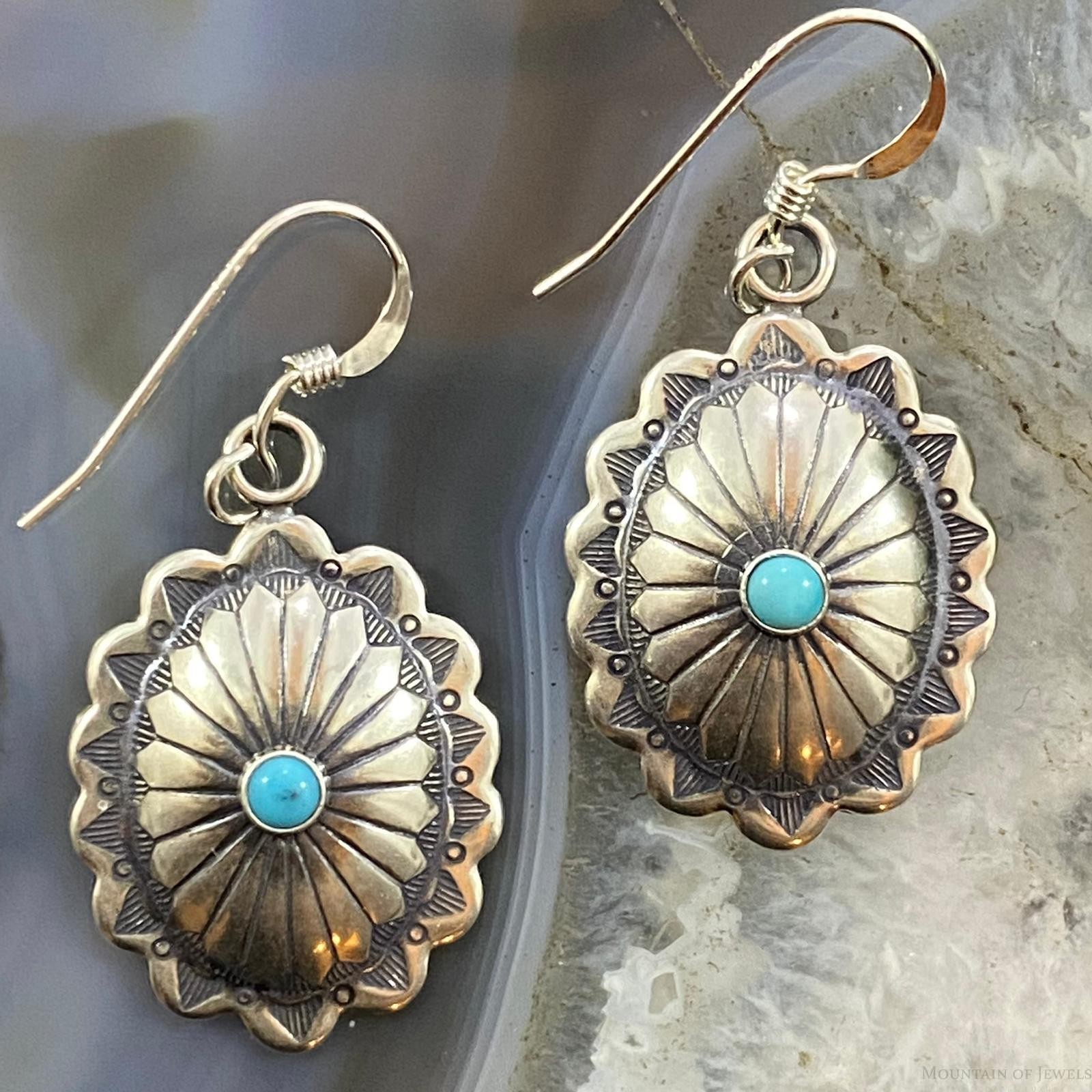 Native American Sterling Turquoise Dot Stamped Concho Dangle Earrings For Women