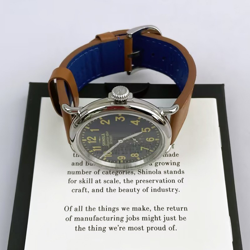 Men Shinola Runwell Argonite 1069 Black Dial Quartz New Watch 47mm Leather Strap