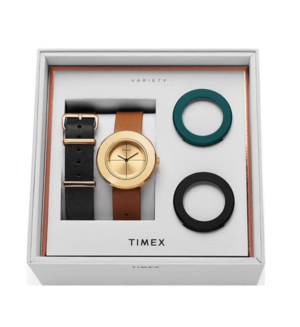 Timex Variety TWG020300 Ladies Gold Dial Watch Gift Set Extra Strap Bezels 34mm
