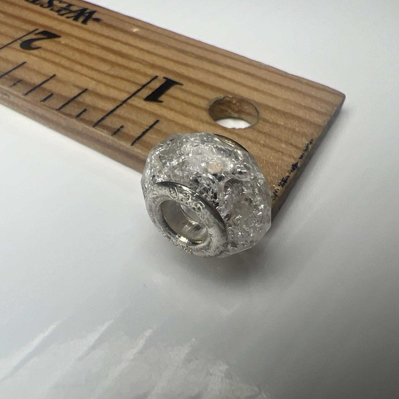 925 Sterling Silver Retro Slide Charm Murano Glass Bubble Bead Cracked Ice Clear