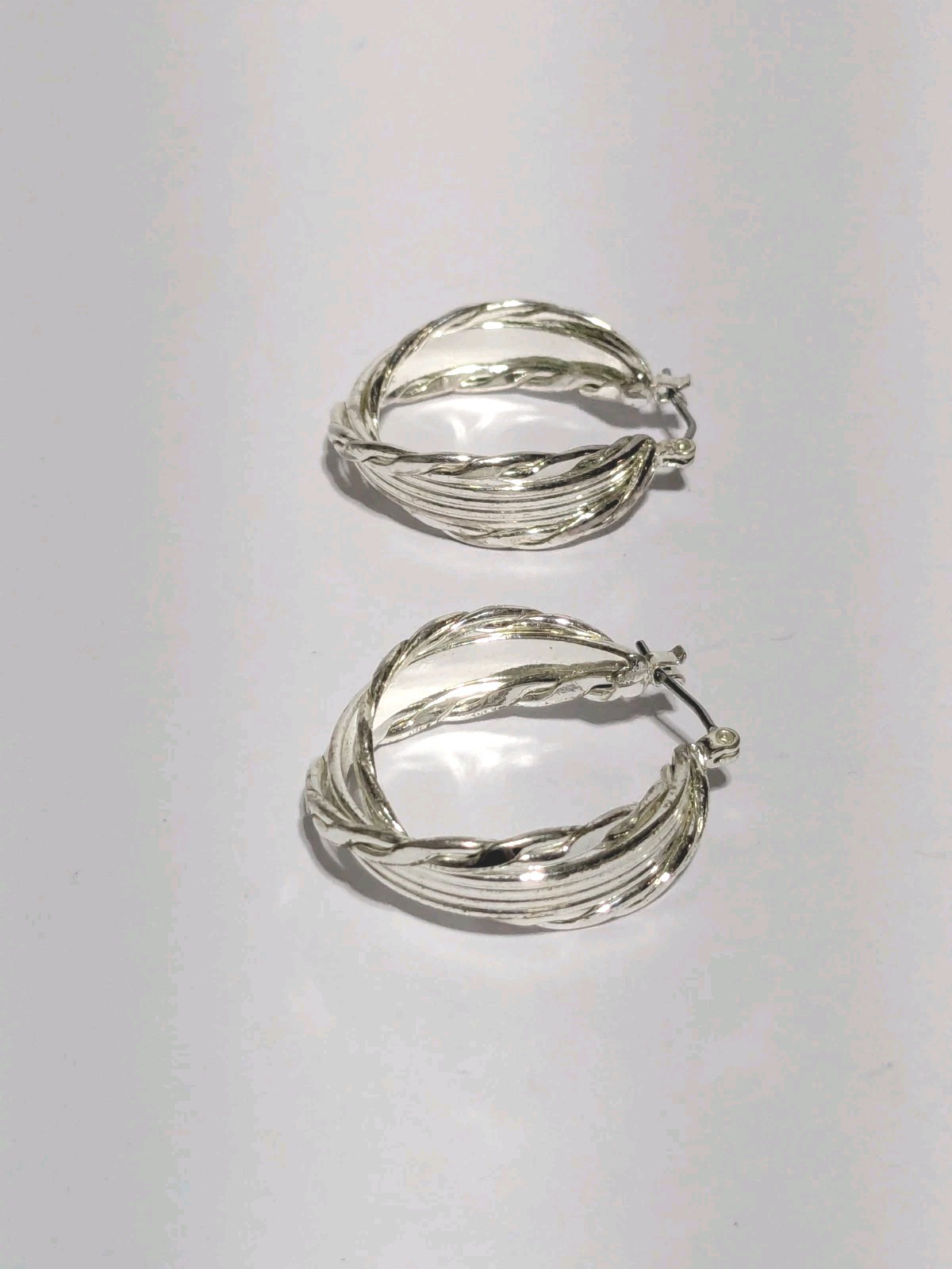 Silver Tone Twisted Textured Hoop Push Lock Dangle Earrings 1″.