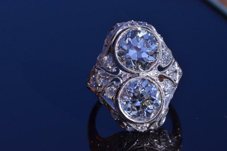 Absolutely Outstanding Antique Two Old Mine Cut Cubic Zirconia Filigree Ring